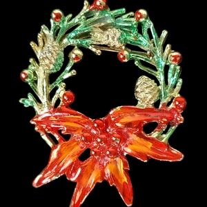 VTG 1970's Enamel Christmas Brooch Pine Cones Ribbon Holiday Pin